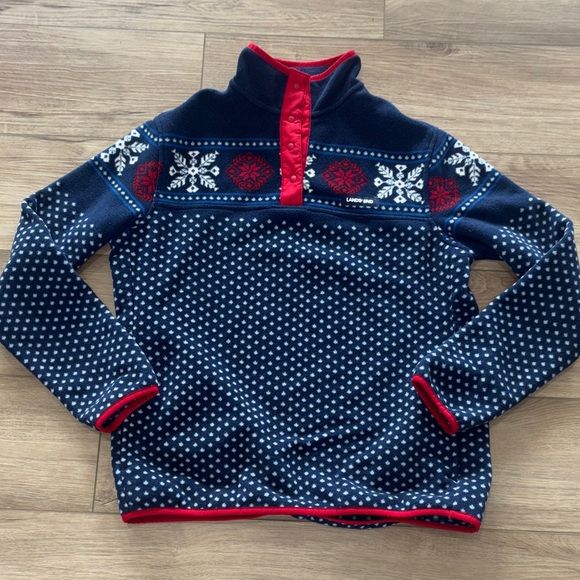 Lands' End Tops - Lands' End Heritage Fleece snap placket pullover blue & white snowflake small